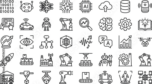 Artificial intelligence and automation icon set, thin line vector symbols for machine learning, robotics, cloud computing, smart technology, industry 4.0, data, and digital innovation.