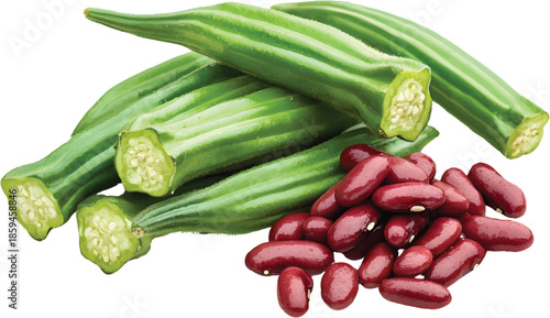An ultra-realistic photograph of fresh okra and red beans on a transparent background