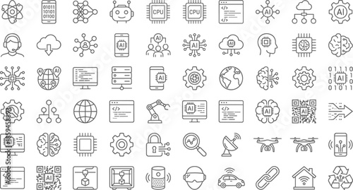 Artificial Intelligence Line Icon Set, Machine Learning Technology Vector Illustrations, Digital Transformation Symbols for Neural Networks, Big Data Analytics, Cloud Computing