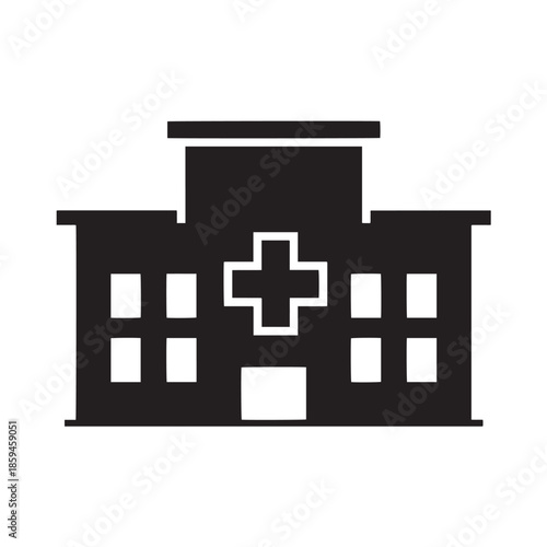 Hospital Building Silhouette with Medical Cross Icon