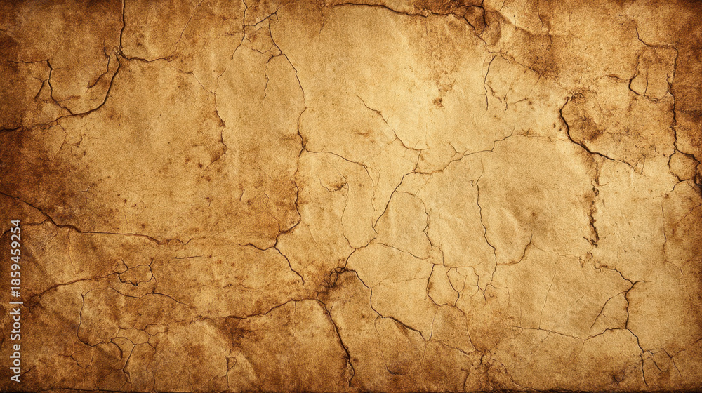 Fototapeta premium Aged parchment paper texture with natural cracks and warm sepia tones, vintage background for antique design