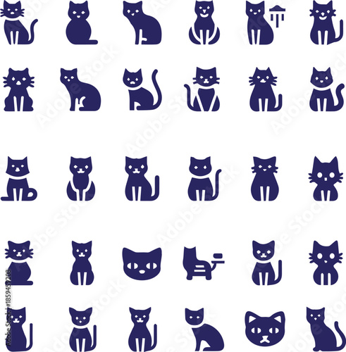 A cute collection of funny cat and kitten characters featuring black silhouettes and cartoon illustrations for a seamless pet animal vector pattern design