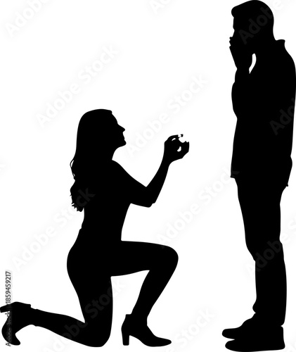 Woman proposing to man with ring in silhouette Vector