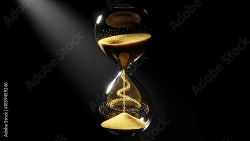 A glowing golden hourglass floating in darkness, filled with sparkling particles that symbolize time, eternity, and luxury in a dramatic cinematic composition.
