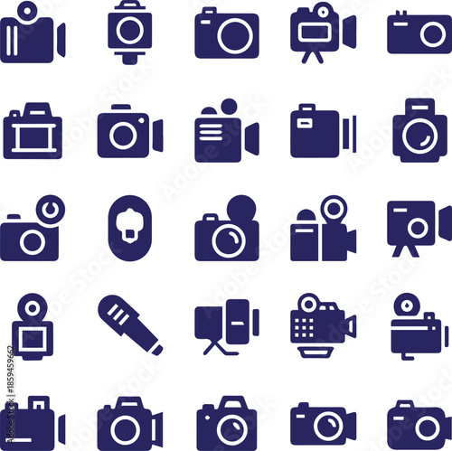 Vector multimedia icon set for web and business featuring computer, camera, video, music, and phone symbols as square internet buttons for website design illustration
