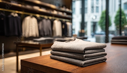 Stacked gray folded knitwear on a dark wooden counter, store interior, clothes hanging in background