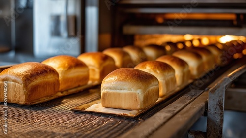 Freshly baked bread loaves on a baking tray in an industrial oven