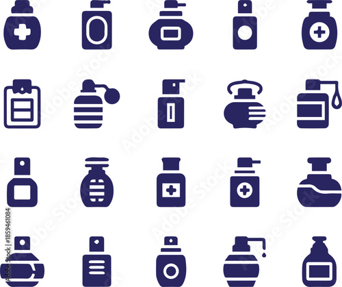 Vector set of blue water bottle icons and business web signs featuring communication technology symbols and office computer network illustration for website design