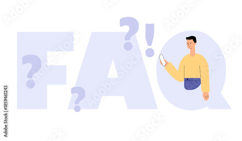 FAQ concept. Male character use chatbot frequently asked questions. Online support service. QA speech bubble, question and answer session. Flat vector illustration