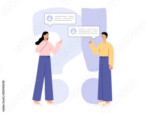 FAQ concept. People characters chatbot frequently asked questions. Online support service. QA speech bubble, question and answer session. Flat vector illustration