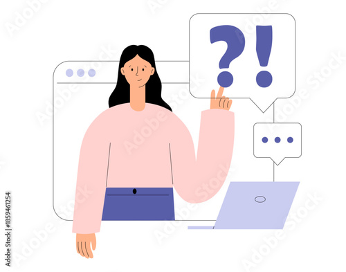 FAQ concept. Famale character use chatbot frequently asked questions. Online support service. QA speech bubble, question and answer session. Flat vector illustration