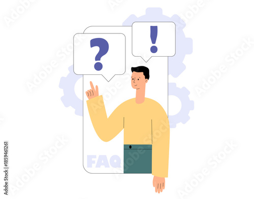 FAQ concept. Male character use chatbot frequently asked questions. Online support service. QA speech bubble, question and answer session. Flat vector illustration