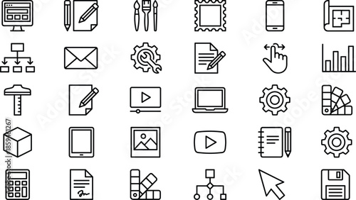 Creative design and office technology icon set featuring website development, graphic tools, architectural blueprints, digital media, video editing, photography, data charts, and professional
