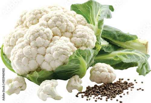 Cauliflowers and some seed particles next to it, white background