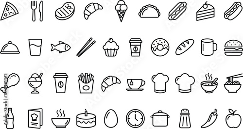 Food and Drink Line Icon Set, Restaurant Menu Vector Illustrations, Minimalist Kitchen Symbols for Cafe Branding, Fast Food Snacks, Bakery and Beverage Outline Graphics.