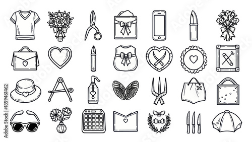 Collection of various line art illustrations of everyday objects and symbols