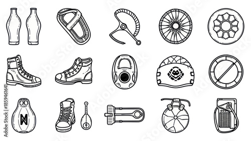 Collection of various line art objects and illustrations on white backdrop