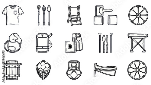 Collection of various line art objects and symbols for design elements