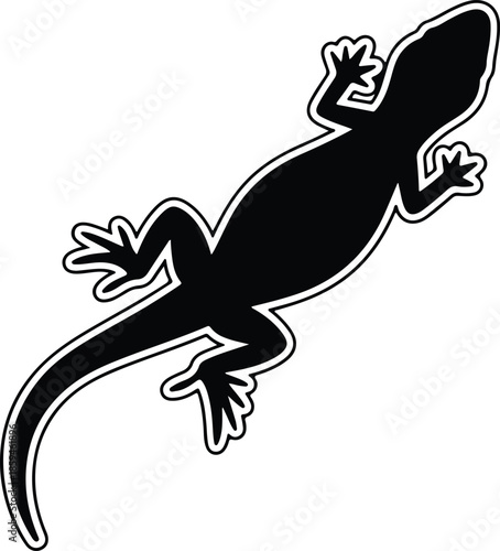 Silhouette stylized black gecko lizard animal climbing white outline graphic Vector Illustration