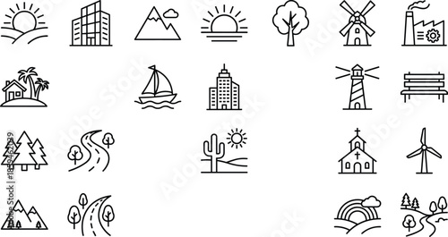 Landscape and nature icon set featuring mountain peaks, city buildings, forest trees, beach palms, lighthouse tower, windmill farm, industrial factory, rural houses, and sunset scenery.