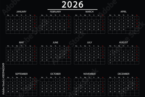 Monthly calendar layout for 2026 year. Diary planner for 2026 year. Week Starts on Monday. Template Monthly Page with Note and cover with Place for Photo, Company Logo. Vector grid layout of wall eps