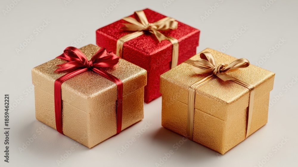 Fototapeta premium Gold Silver and Red Gift Boxes with Ribbons on White Background
