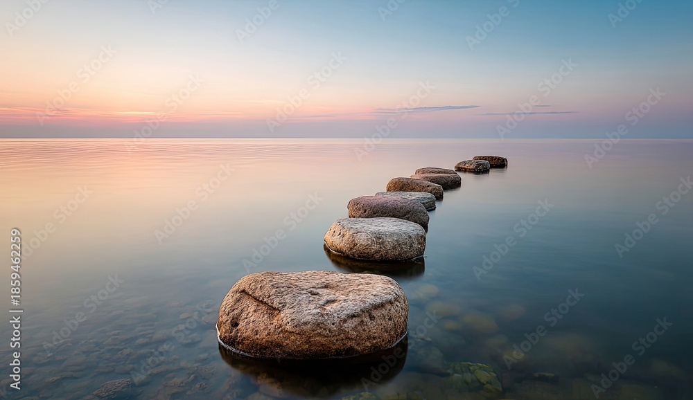 Naklejka premium Stone pathway on calm water at dawn