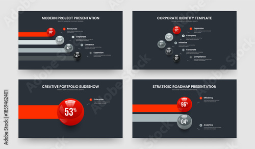 Modern Launch 4 5 1 2 Element Diagram Presentation Template Collection. Market Review Four Five One Two Step Chart Slide Layout Vector Illustration Bundle.