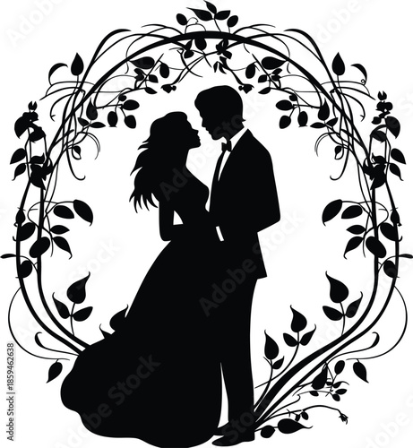 Romantic couple silhouette in formal attire surrounded by floral wreath