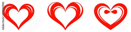 Set of stylized red heart outline icons in a modern flat vector style. Elegant love symbols isolated on white, suitable for graphic design, branding, Valentine’s Day, wedding, and romantic concepts.