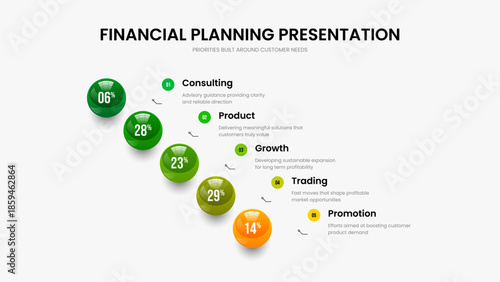 Minimalist Overview Five Element Infographic Slideshow Template. Professional Plan 5 Option Chart Slide Design. Service Forecast Frame Layout Vector Illustration.
