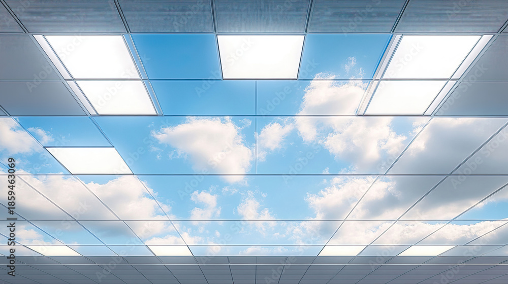 Obraz premium Looking up at office ceiling tiles, but they are replaced by panels of a clear spring sky