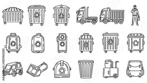 Collection of waste disposal elements trash cans trucks and recycling symbols