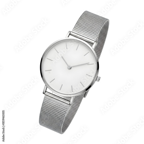 Elegant silver wristwatch with a stainless steel mesh band on a black background