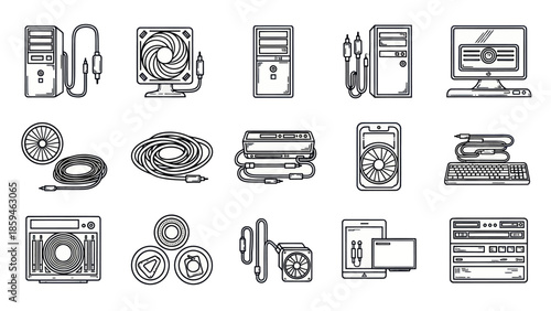Computer components and devices in a linear monochrome illustration