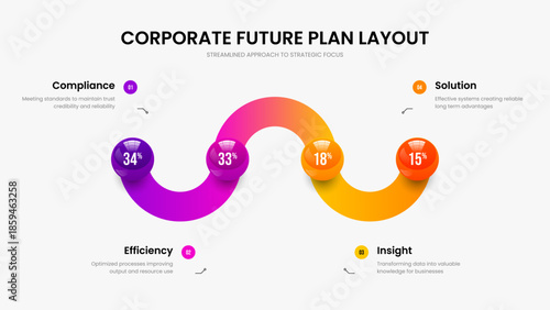 Corporate Planning Presentation Layout Vector Illustration. Consulting Launch 4 Element Graph Slideshow Template. Financial Overview Four Step Diagram Frame Design.