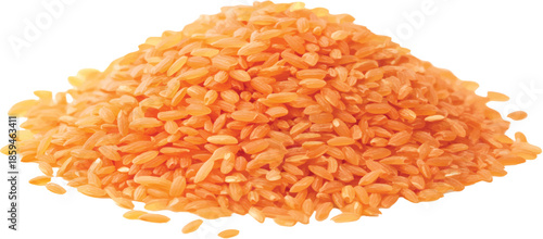 Piles of orange-colored rice grains isolated on a transparent background