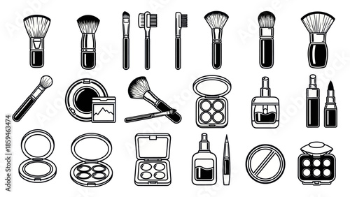 Cosmetic tools collection in black and white brushes eyeshadow and products