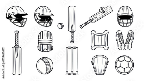 Cricket equipment collection helmets bats balls and protective gear vector illustration