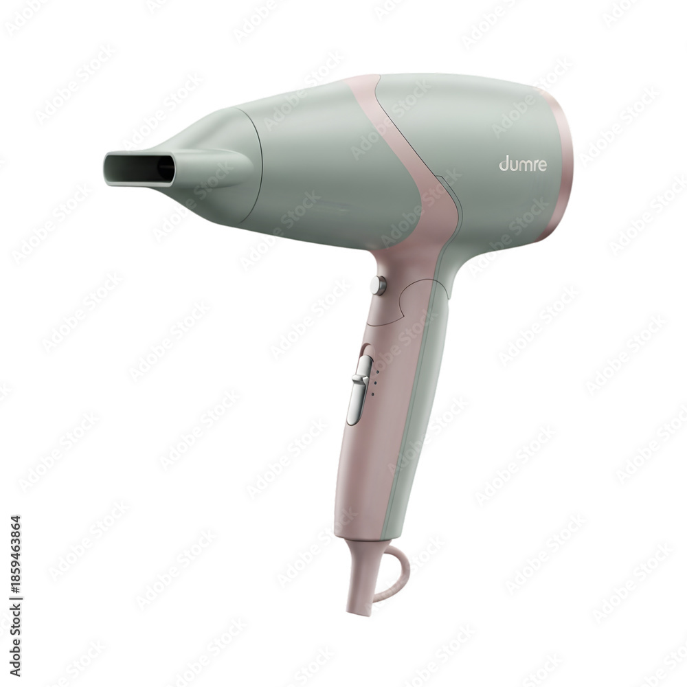 Fototapeta premium Modern hair dryer in pastel pink and white isolated on a black background
