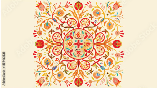 Vibrant floral mandala design with intricate patterns and colorful flowers on a soft beige background, perfect for decorative and cultural themes