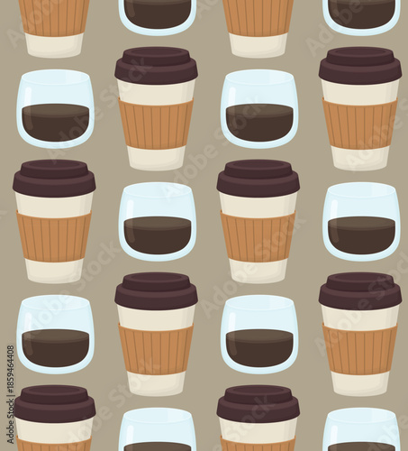 Seamless coffee pattern with disposable and glass cups. Background with hot drinks