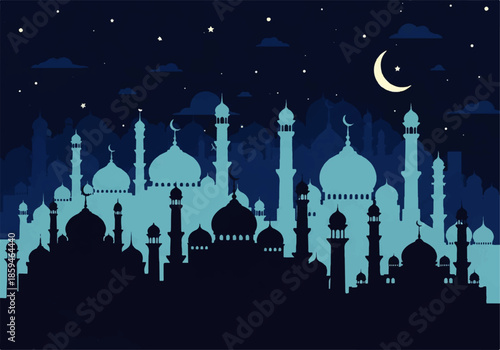 A serene nighttime scene featuring a Flat Design Ilustration Vector of a mosque silhouette with a crescent moon and stars against a dark blue sky with clouds.