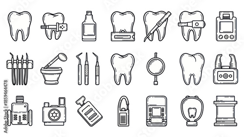 Dental health and treatment vector icon set in clean monochrome style