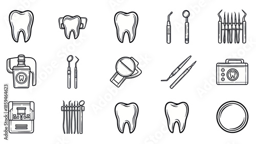 Dental health illustration collection of teeth and dental tools on white
