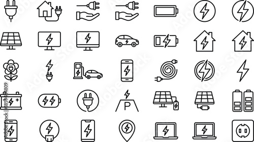 Renewable energy and electrical power icon set featuring solar panels, electric car charging, battery life, house electricity, lightning bolt, power plug, and sustainable technology.