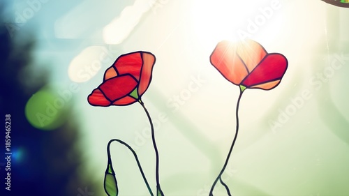 Stained Glass Flowers with Soft Light Background and Sun Rays