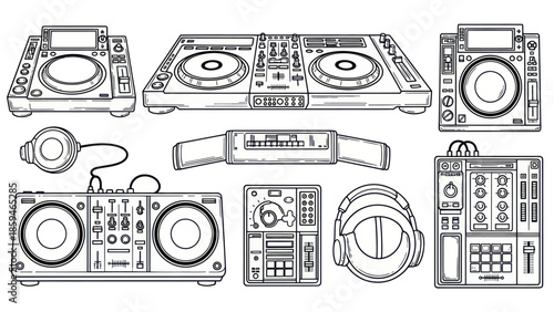 Dj equipment illustration set turntables mixer headphones and more