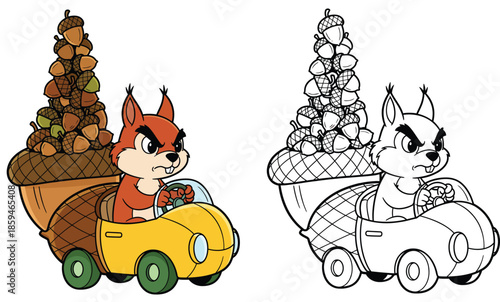 A humorous cartoon squirrel with a determined look and a car full of acorns is shown in this vector illustration with a black and white coloring sheet outline