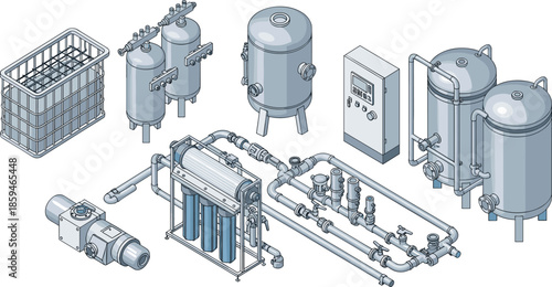 Industrial water treatment system icon set, filtration pump RO tank control panel vector bundle, graphic purification design pack
